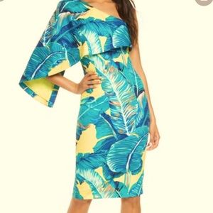 Lavish Olivia Palm Print One-shoulder Cape Sheath Dress In Yellow Palm Print